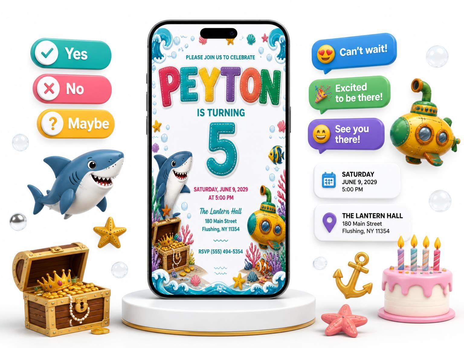 The Stitched Shark 5th Birthday Invitation invitation on a phone, with guest RSVPs arriving around it