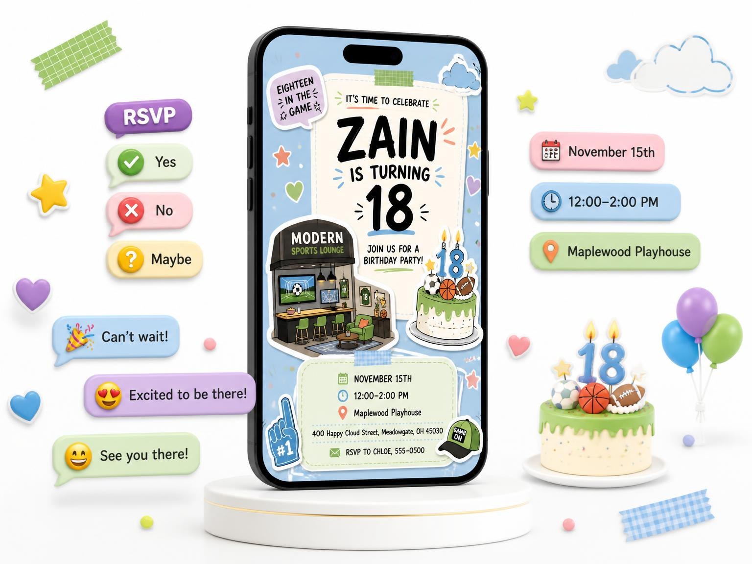 The Sports Lounge Pastel 18th Birthday Invitation invitation on a phone, with guest RSVPs arriving around it