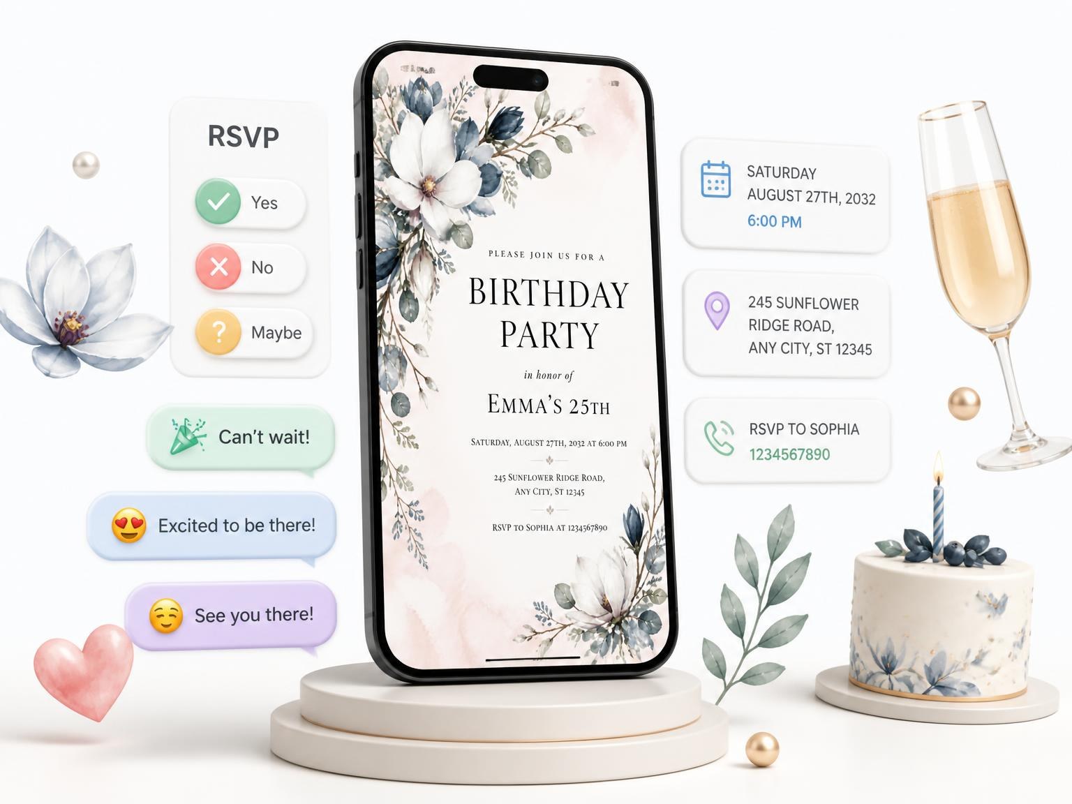 The Navy Botanical Dusty Blue 25th Birthday Invitation invitation on a phone, with guest RSVPs arriving around it