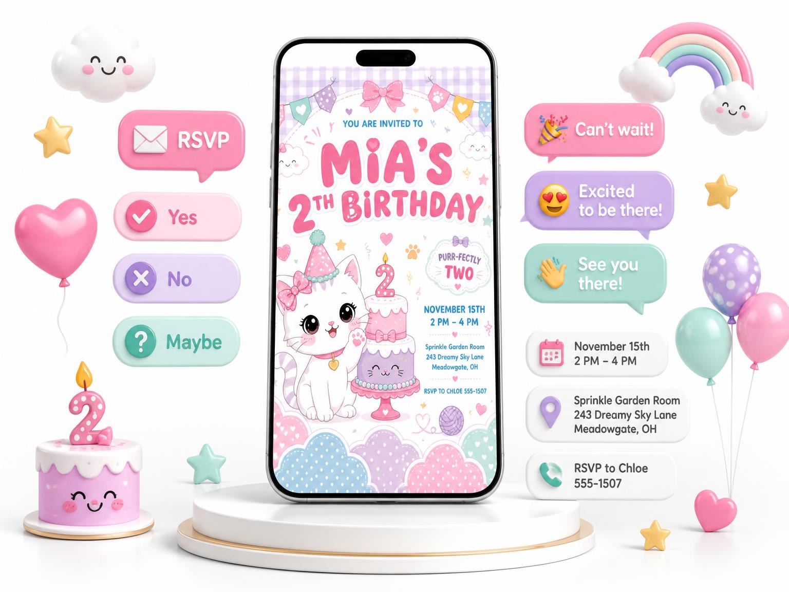 The Kawaii Kitten 2nd Birthday Invitation invitation on a phone, with guest RSVPs arriving around it