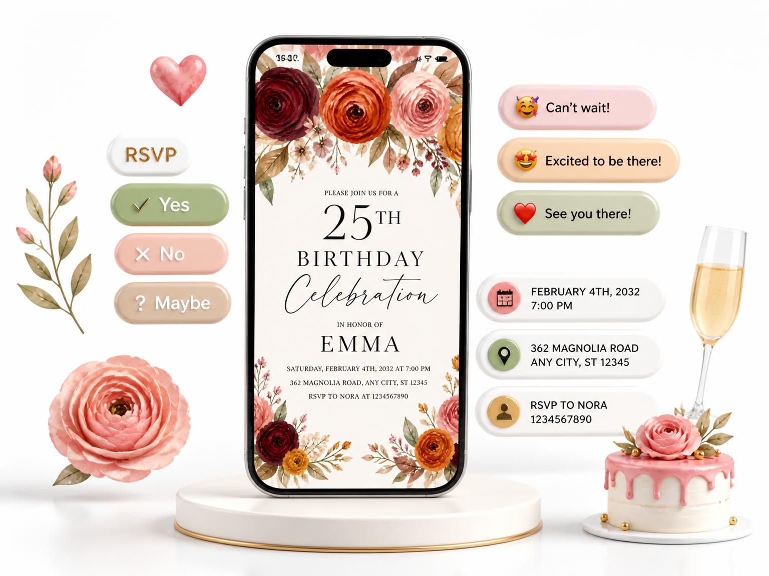 The Flowers Greenery Autumn 25th Birthday Invitation invitation on a phone, with guest RSVPs arriving around it