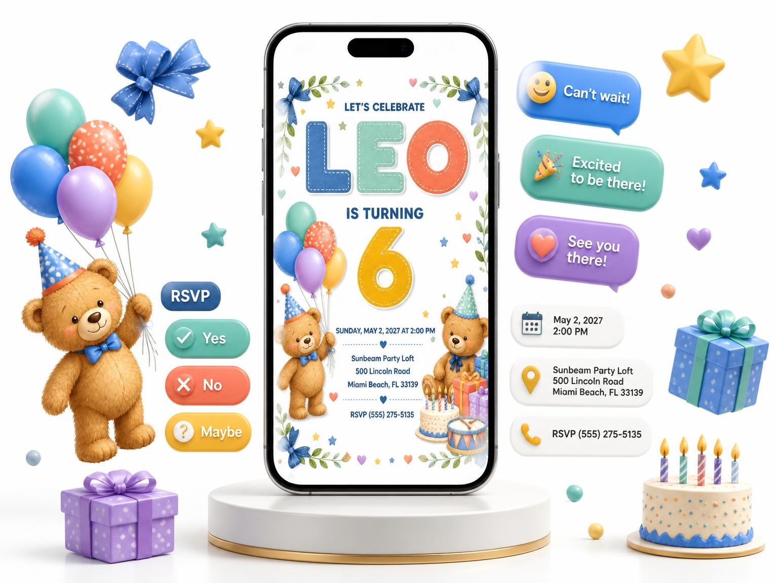 The Stitched Teddy Bear 6th Birthday Invitation invitation on a phone, with guest RSVPs arriving around it