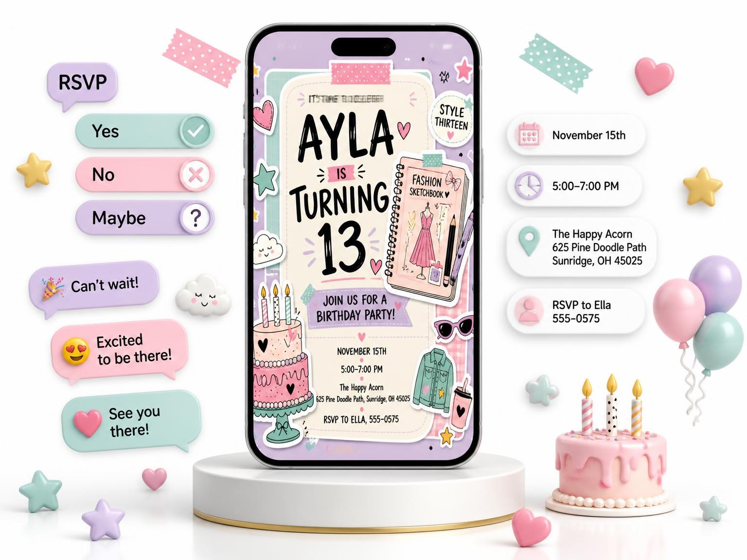 The Fashion Sketchbook 13th Birthday Invitation invitation on a phone, with guest RSVPs arriving around it