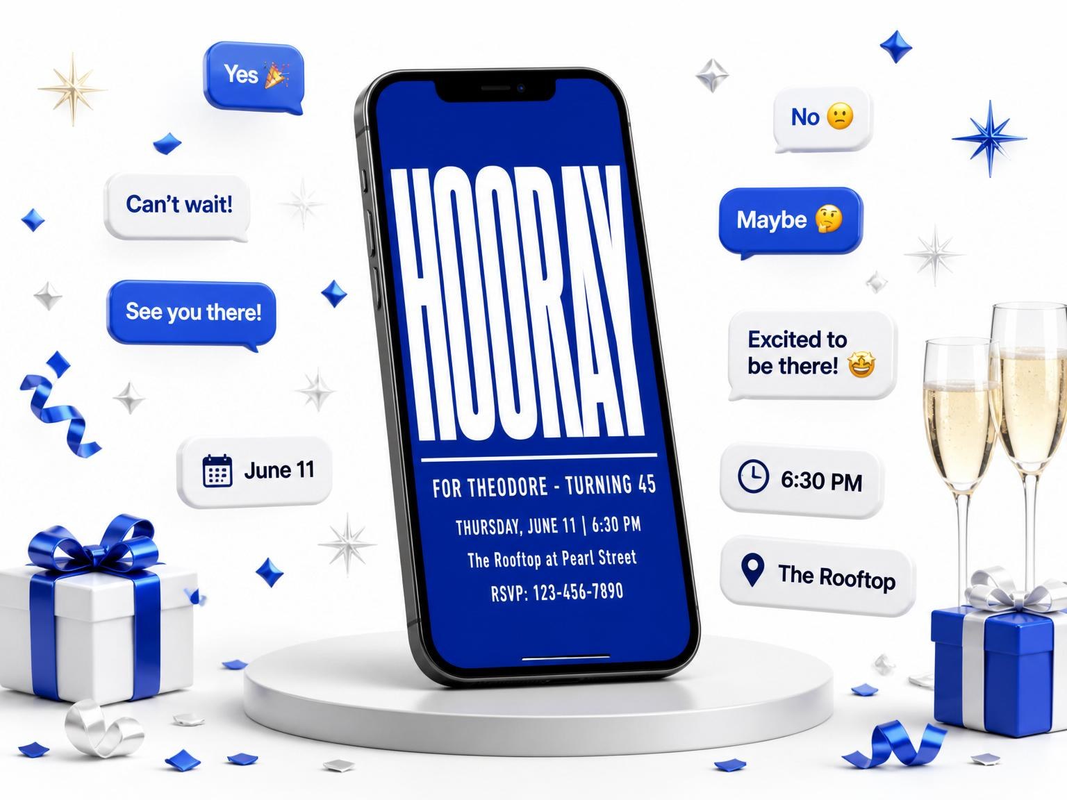 The Royal Blue Modern Typography 45th Birthday invitation on a phone, with guest RSVPs arriving around it