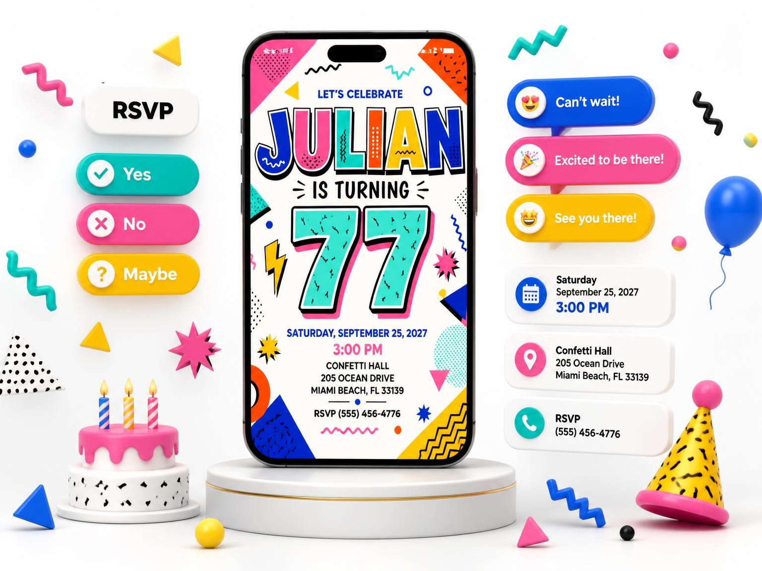 The Memphis Pop 77th Birthday Invitation invitation on a phone, with guest RSVPs arriving around it
