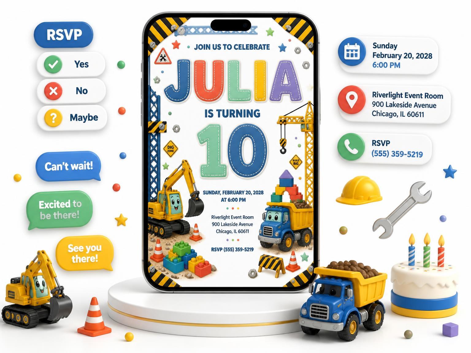 The Stitched Construction 10th Birthday Invitation invitation on a phone, with guest RSVPs arriving around it