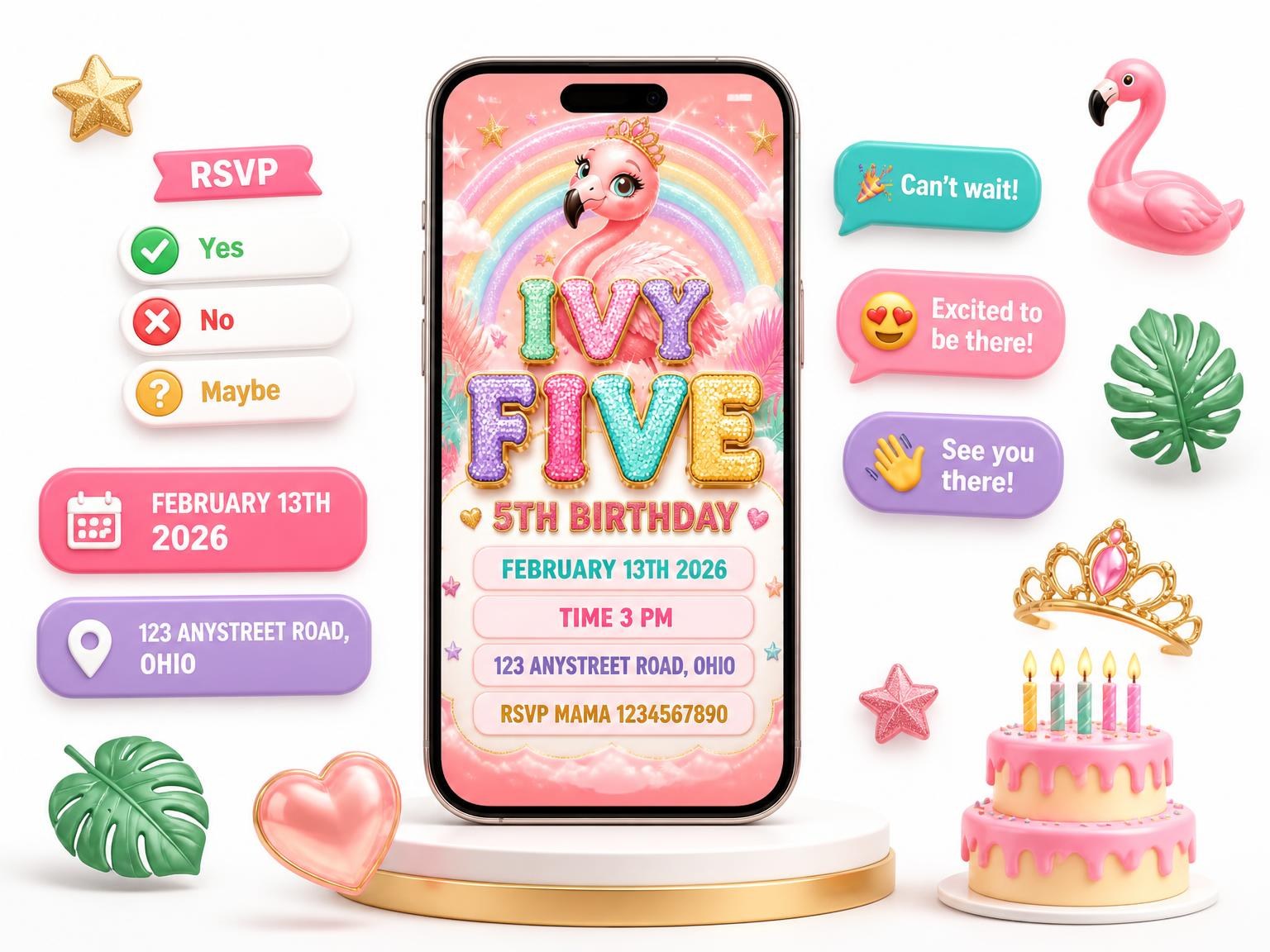 The Glitter Flamingo 5th Birthday Invitation invitation on a phone, with guest RSVPs arriving around it