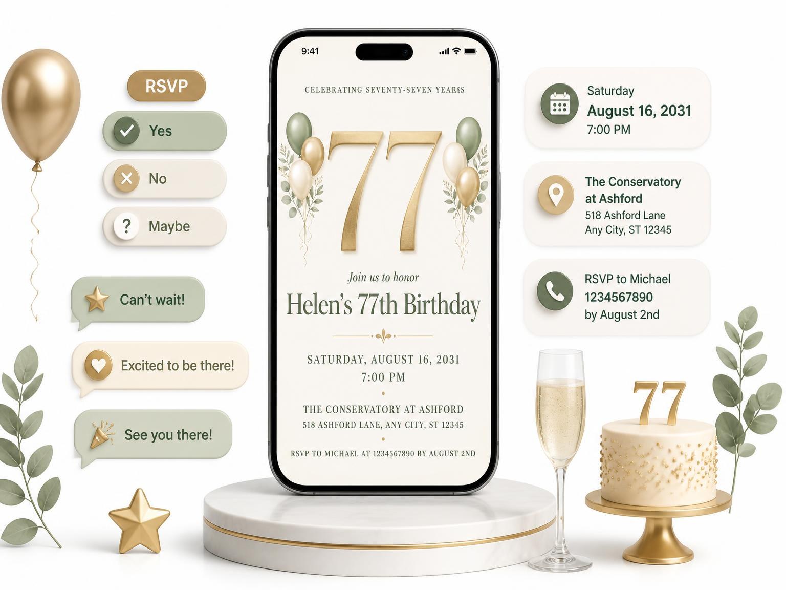 The Sage and Ivory 77th Birthday Invitation invitation on a phone, with guest RSVPs arriving around it