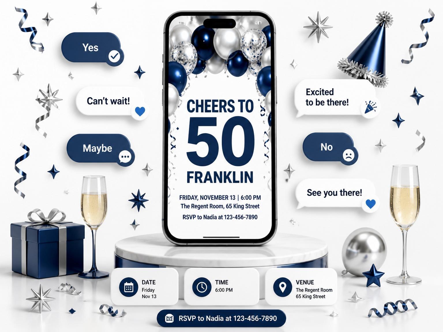 The Navy and Silver Balloon 50th Birthday invitation on a phone, with guest RSVPs arriving around it