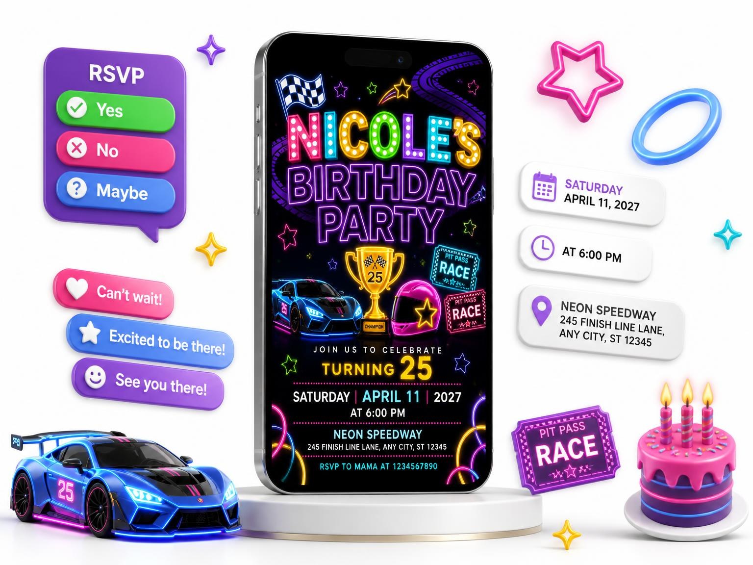 The Neon Race Cars 25th Birthday Invitation invitation on a phone, with guest RSVPs arriving around it