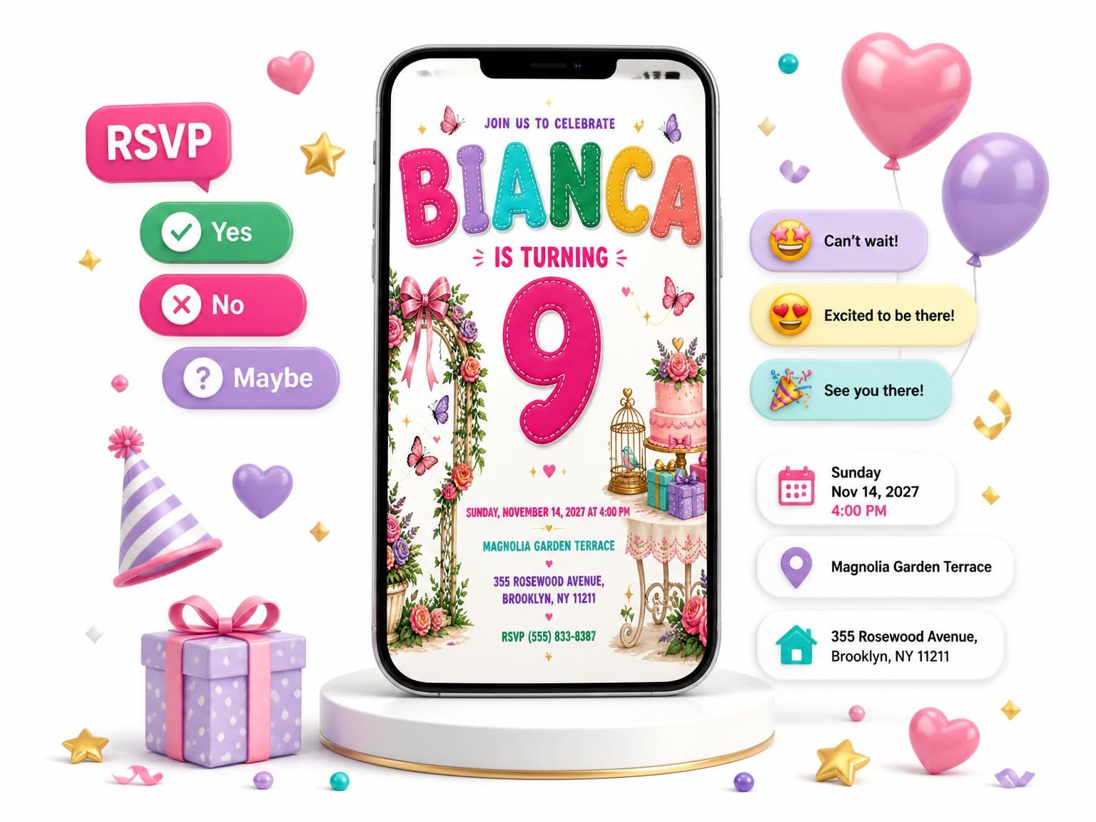 The Table Birdcage Stitched 9th Birthday Invitation invitation on a phone, with guest RSVPs arriving around it