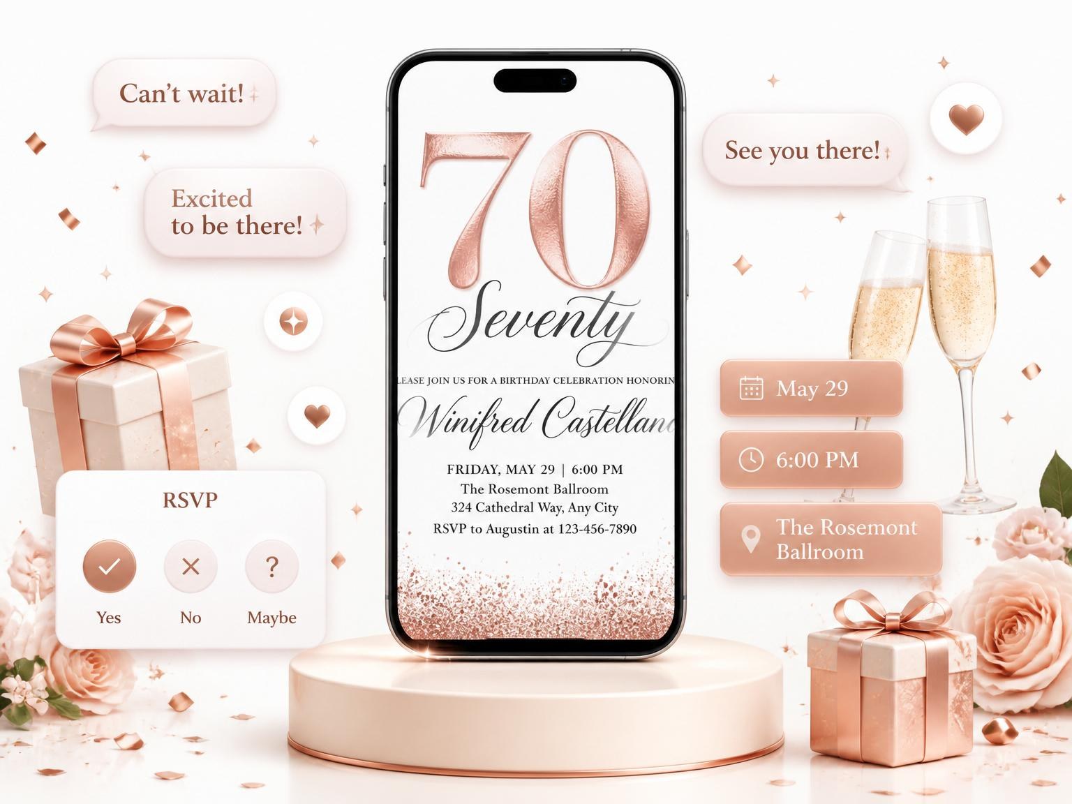 The Rose Gold Foil 70th Birthday invitation on a phone, with guest RSVPs arriving around it