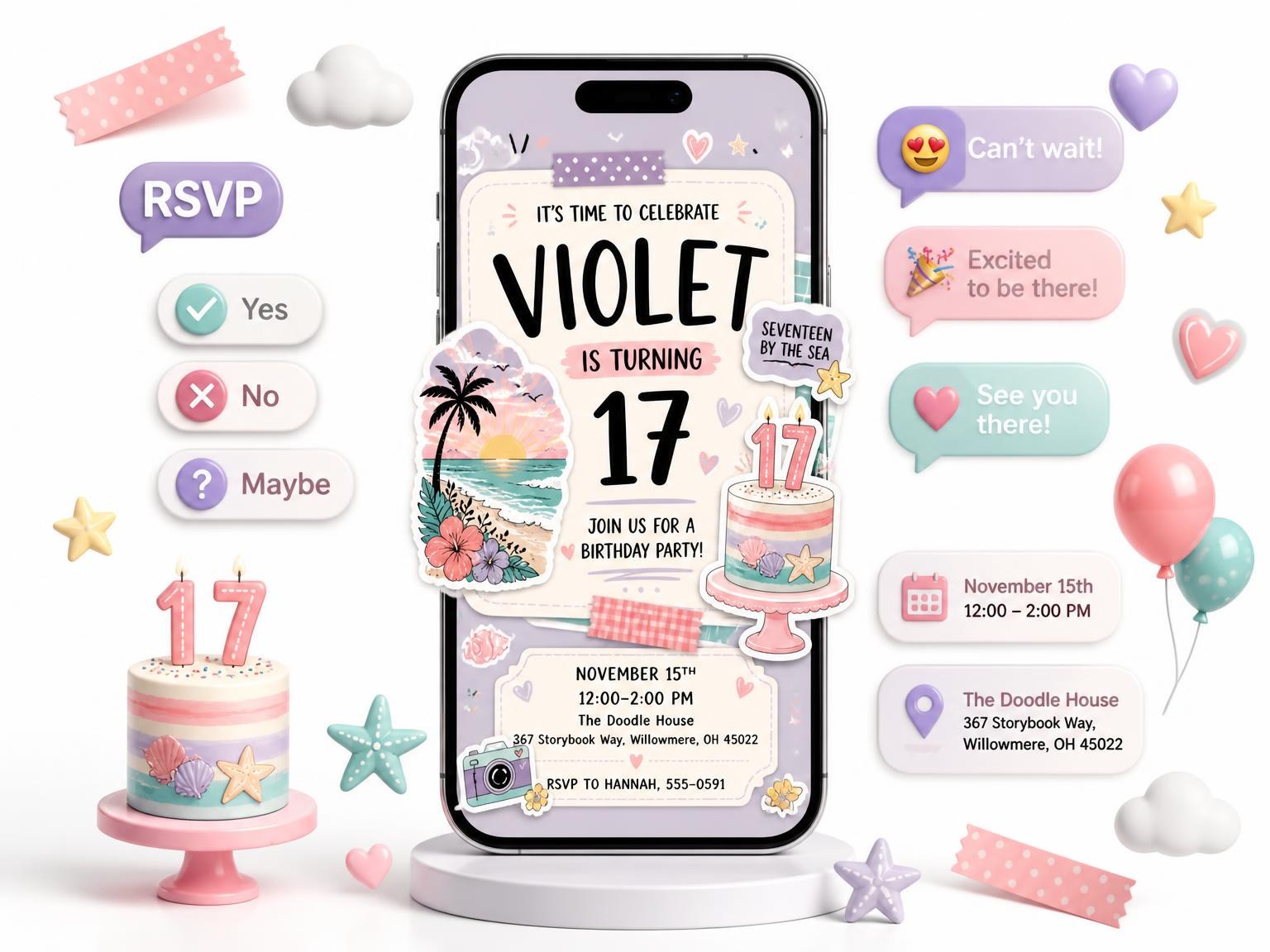 The Sunset Beach Pastel 17th Birthday Invitation invitation on a phone, with guest RSVPs arriving around it