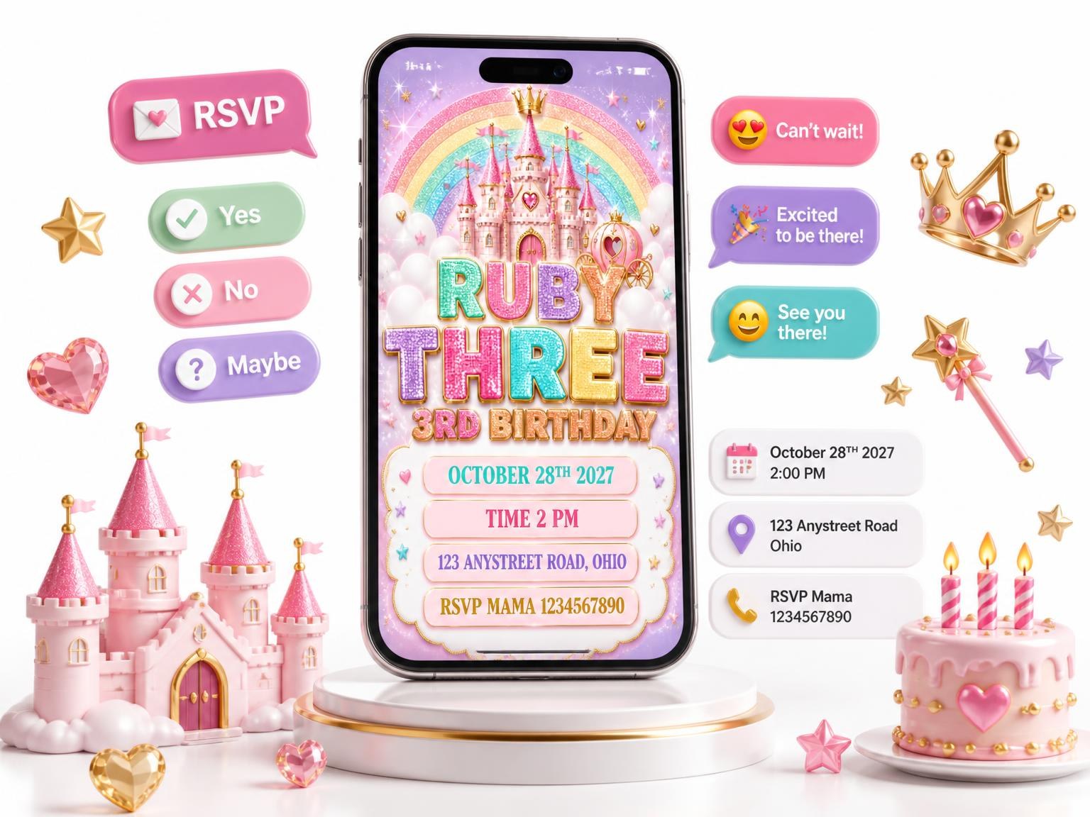 The Glitter Princess Castle 3rd Birthday Invitation invitation on a phone, with guest RSVPs arriving around it