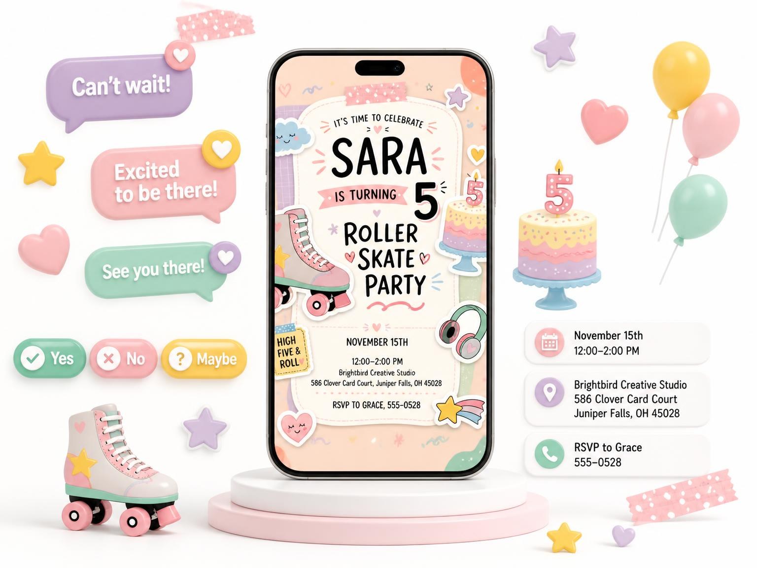 The Roller Skate Pastel 5th Birthday Invitation invitation on a phone, with guest RSVPs arriving around it