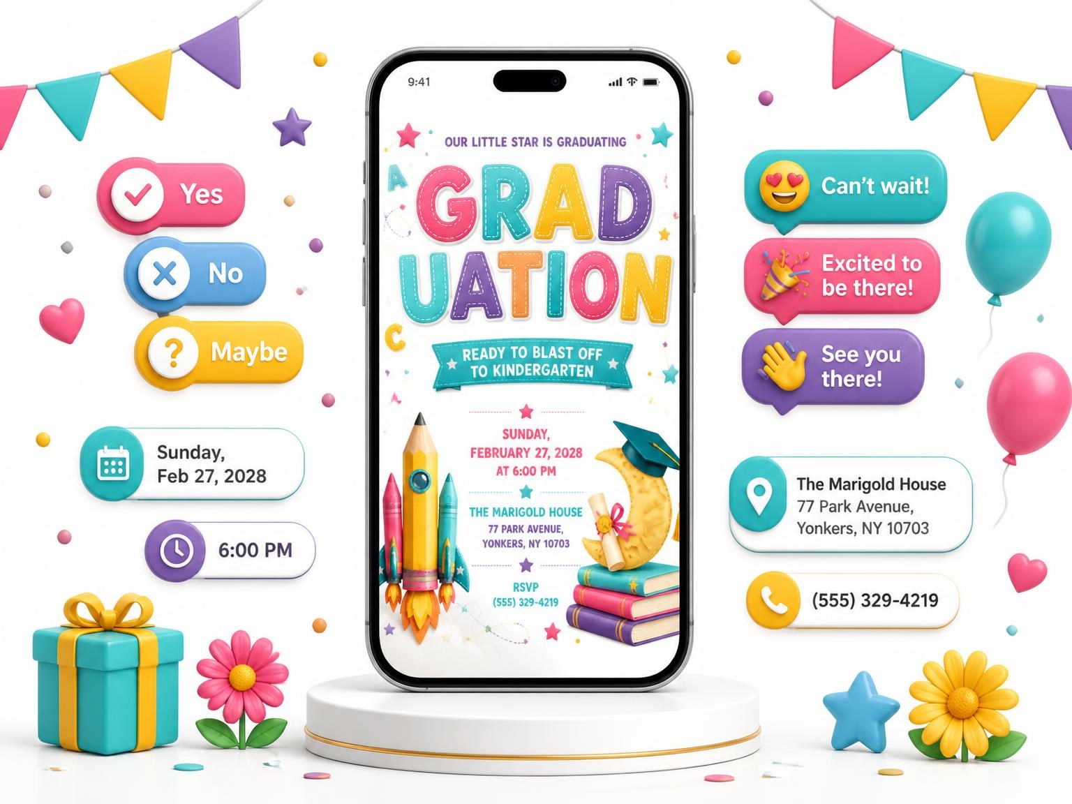 The Pencil Rocket Graduation Invitation invitation on a phone, with guest RSVPs arriving around it