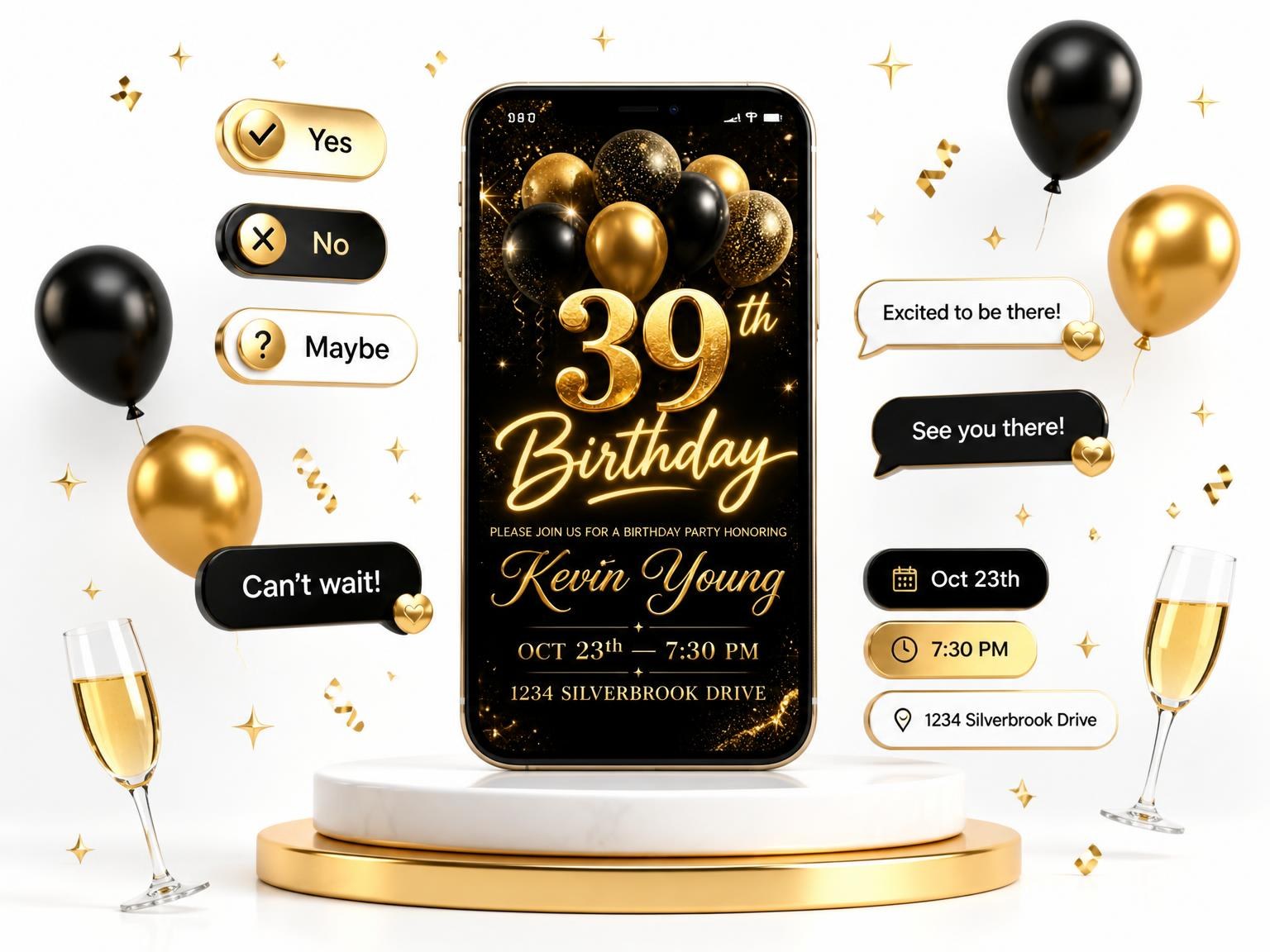 The Black and Gold Balloon 39th Birthday invitation on a phone, with guest RSVPs arriving around it