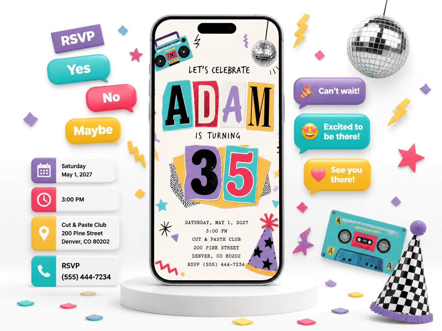 The Retro Paper Collage 35th Birthday Invitation invitation on a phone, with guest RSVPs arriving around it