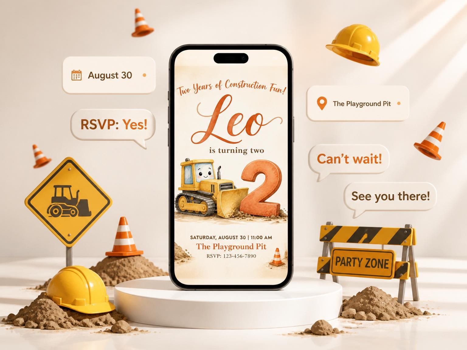The Watercolor Bulldozer 2nd Birthday Invitation invitation on a phone, with guest RSVPs arriving around it