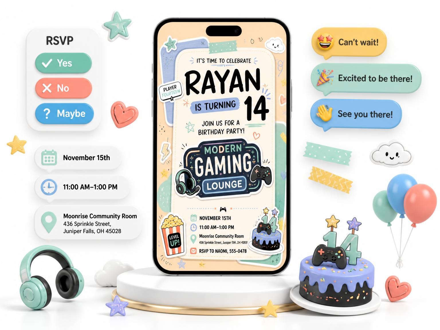 The Gaming Headset Pastel 14th Birthday Invitation invitation on a phone, with guest RSVPs arriving around it