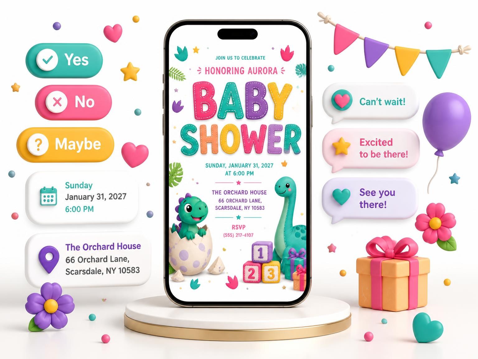 The Baby Dinosaur Baby Shower Invitation invitation on a phone, with guest RSVPs arriving around it