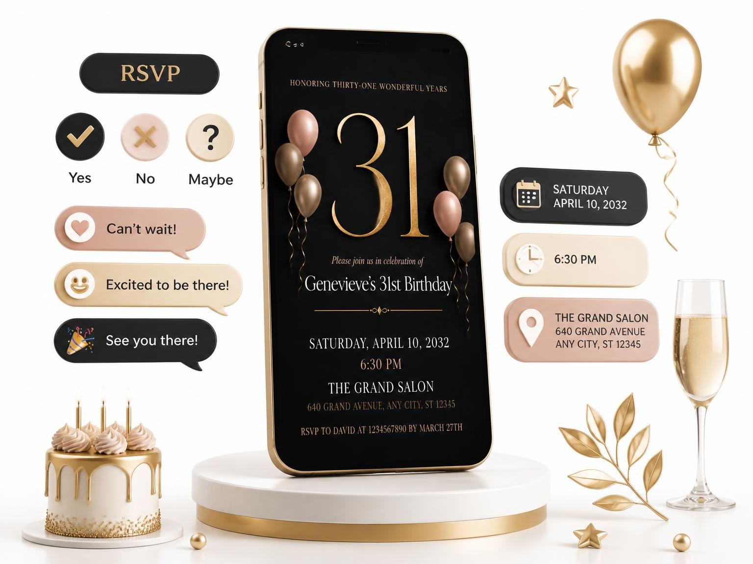 The Charcoal and Blush 31st Birthday Invitation invitation on a phone, with guest RSVPs arriving around it