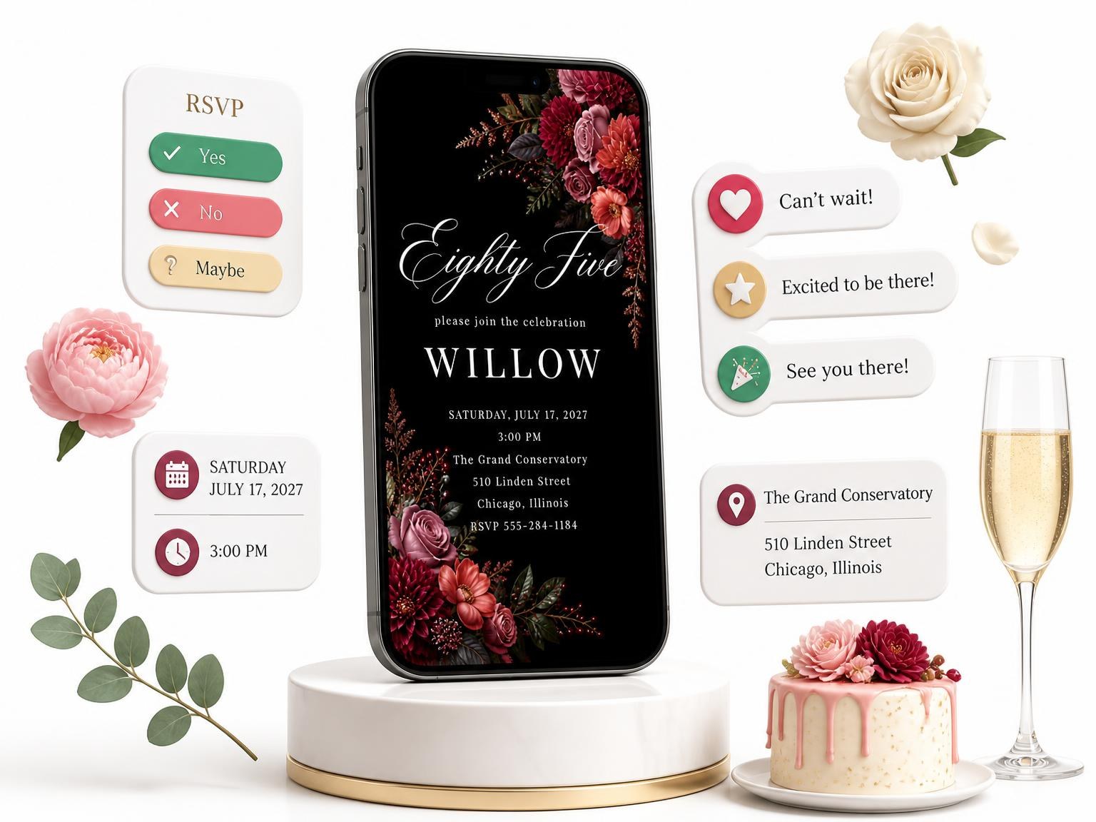 The Black Floral 85th Birthday Invitation invitation on a phone, with guest RSVPs arriving around it