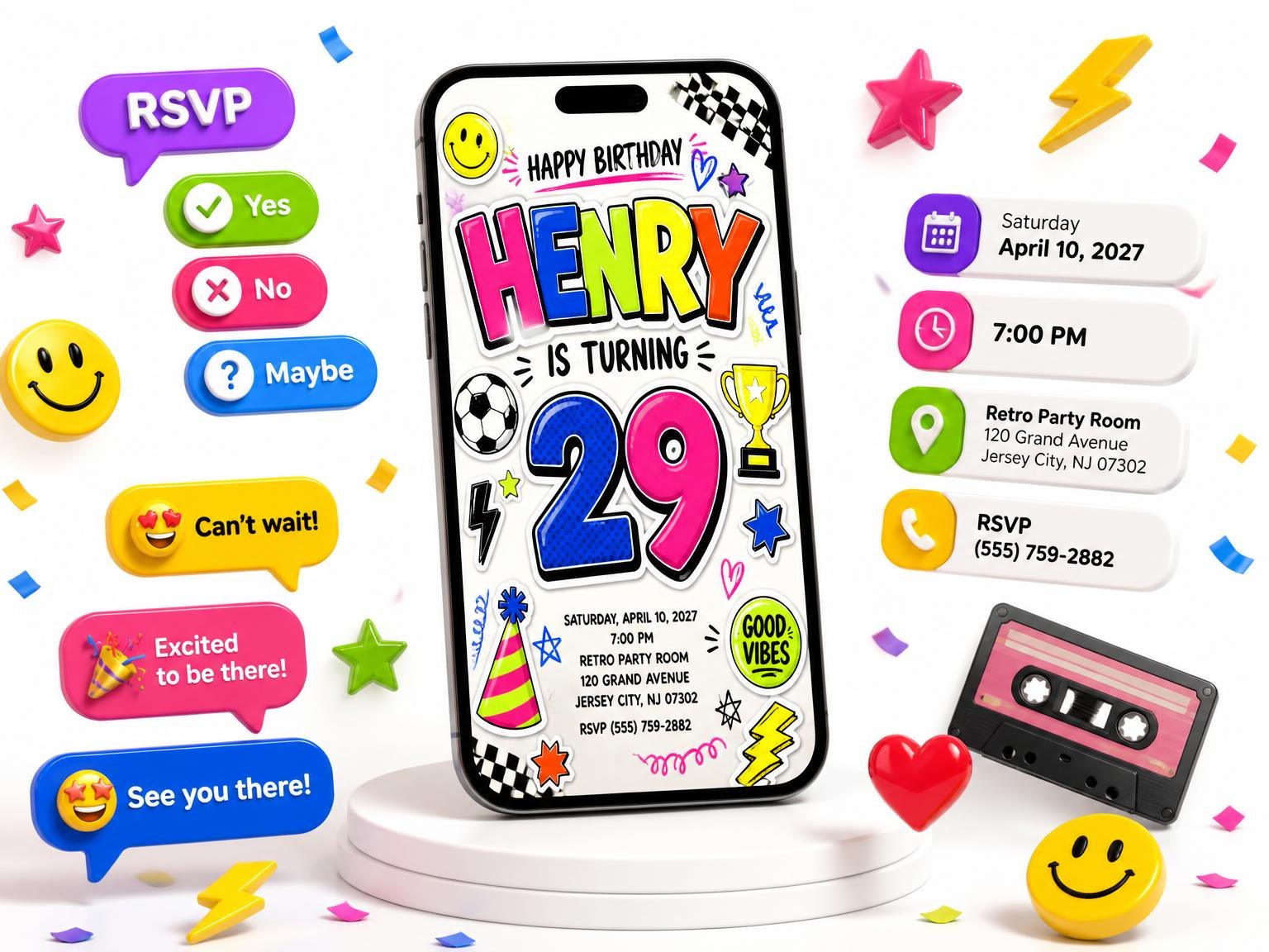 The Sticker Pop 29th Birthday Invitation invitation on a phone, with guest RSVPs arriving around it
