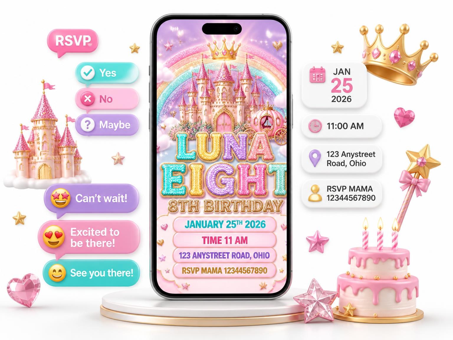 The Glitter Princess Castle 8th Birthday Invitation invitation on a phone, with guest RSVPs arriving around it