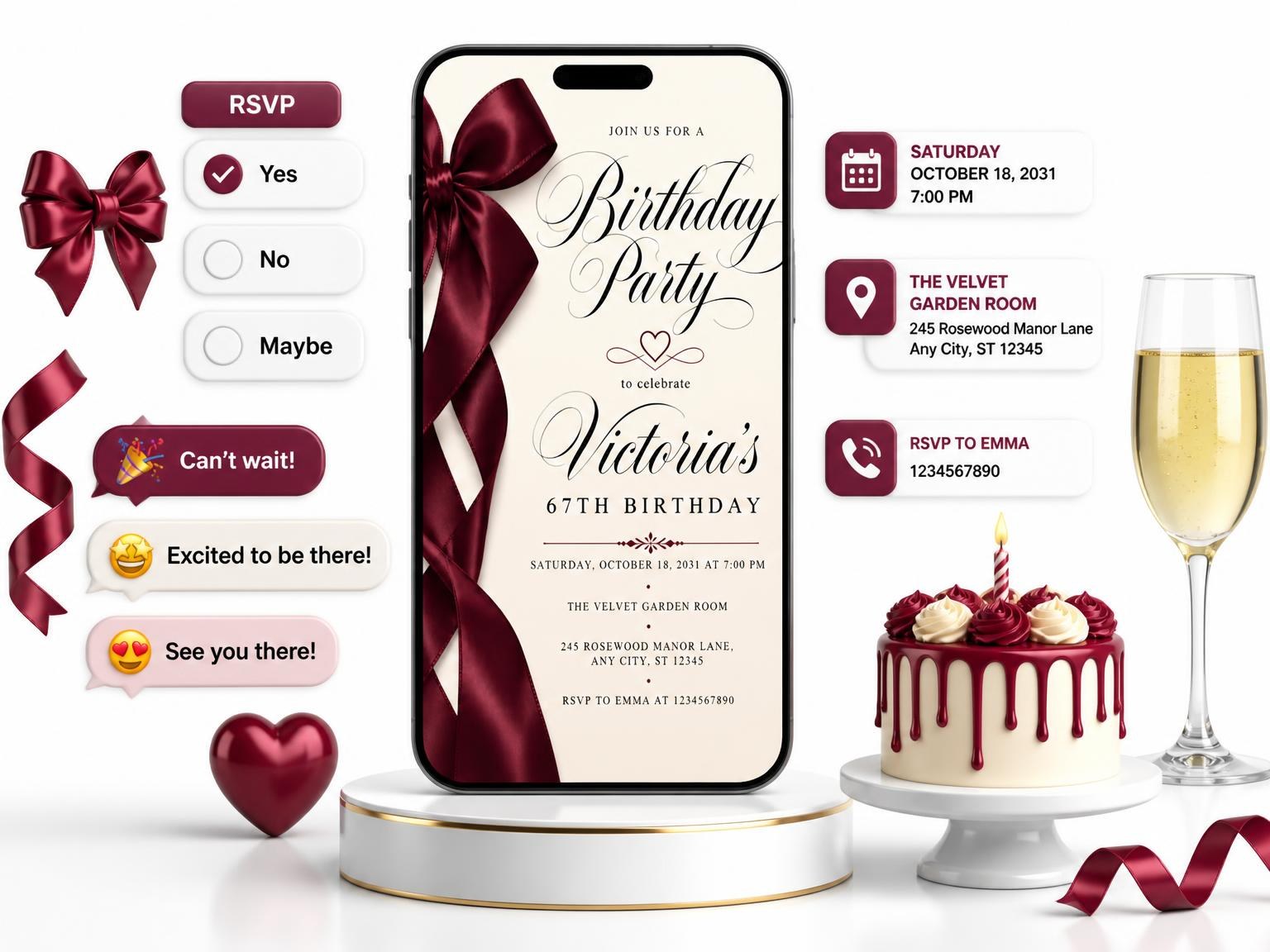 The Burgundy Satin Bow 67th Birthday Invitation invitation on a phone, with guest RSVPs arriving around it