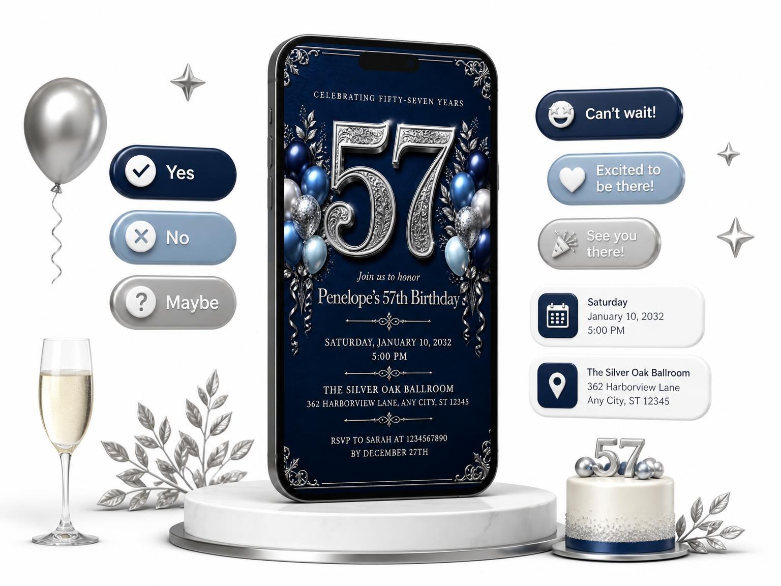 The Navy and Silver 57th Birthday Invitation invitation on a phone, with guest RSVPs arriving around it