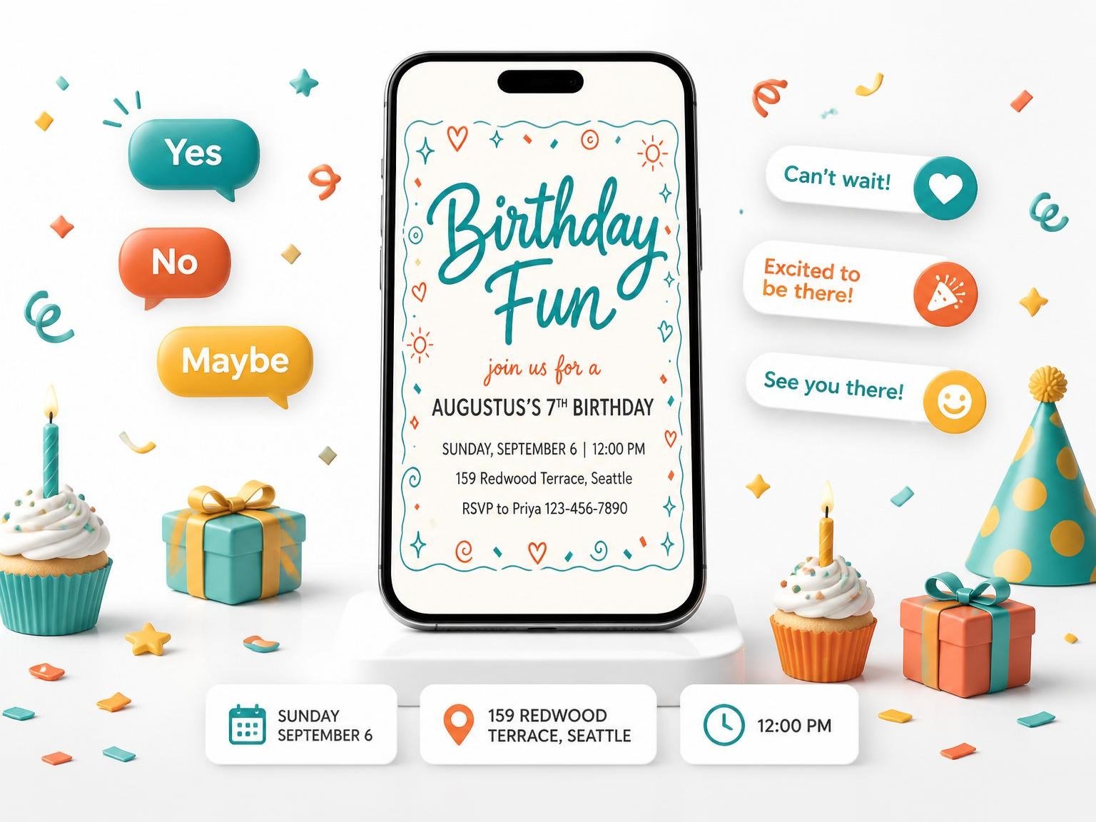 The Teal and Orange Doodle 7th Birthday invitation on a phone, with guest RSVPs arriving around it