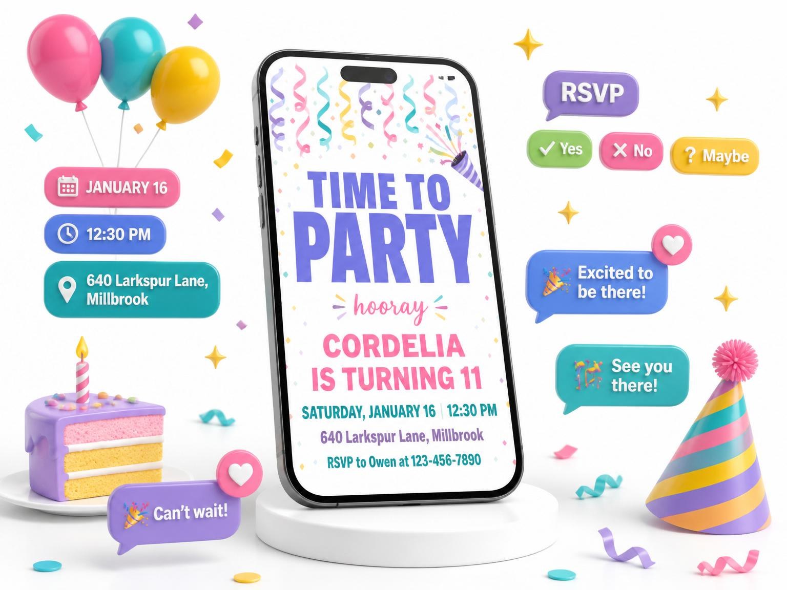 The Pastel Confetti Streamer 11th Birthday Invitation invitation on a phone, with guest RSVPs arriving around it