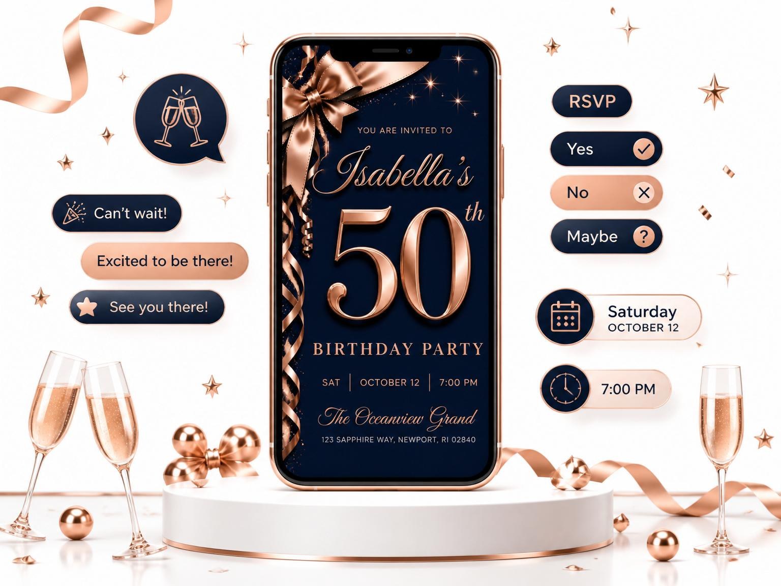 The Navy and Rose Gold Ribbon 50th Birthday invitation on a phone, with guest RSVPs arriving around it
