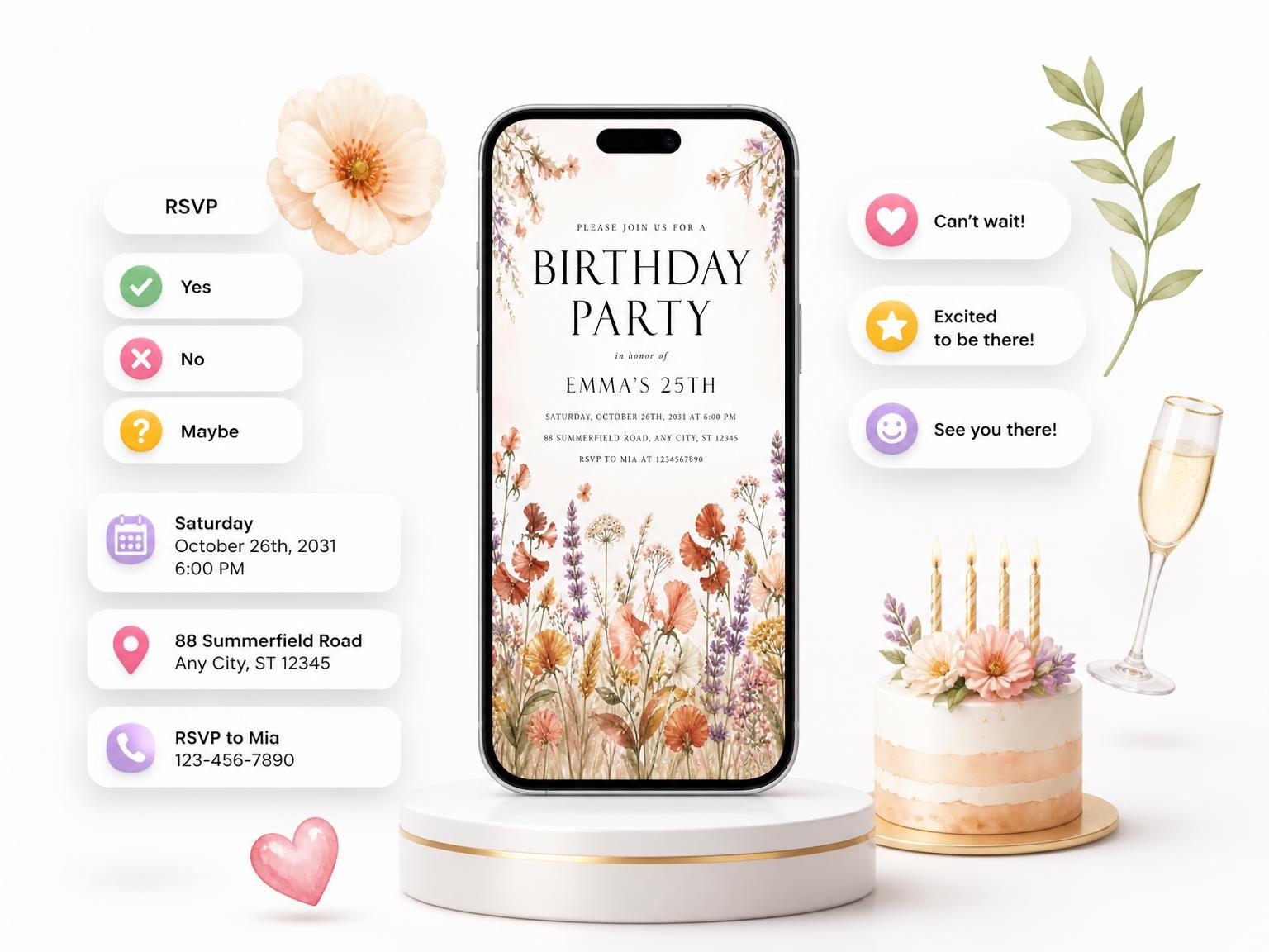 The Botanical Wildflower 25th Birthday Invitation invitation on a phone, with guest RSVPs arriving around it