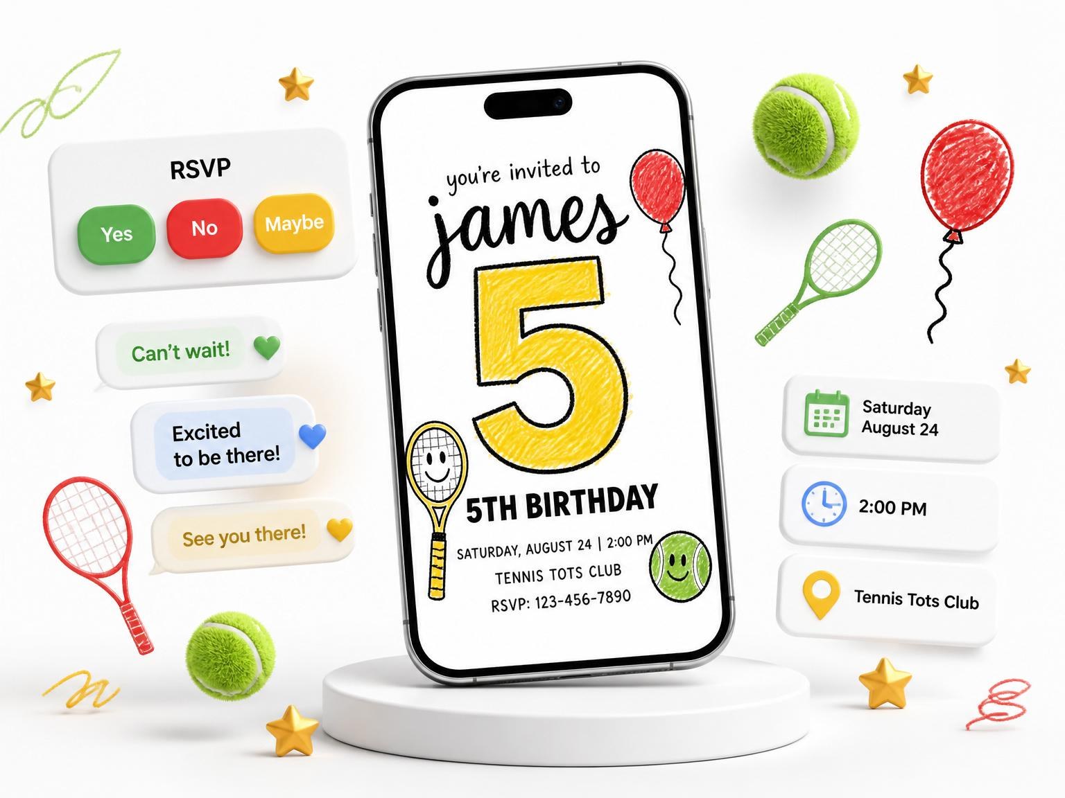 The Crayon Tennis Racket 5th Birthday invitation on a phone, with guest RSVPs arriving around it