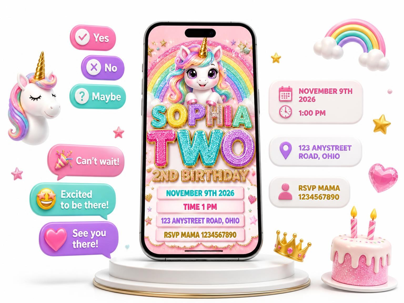 The Glitter Unicorn 2nd Birthday Invitation invitation on a phone, with guest RSVPs arriving around it