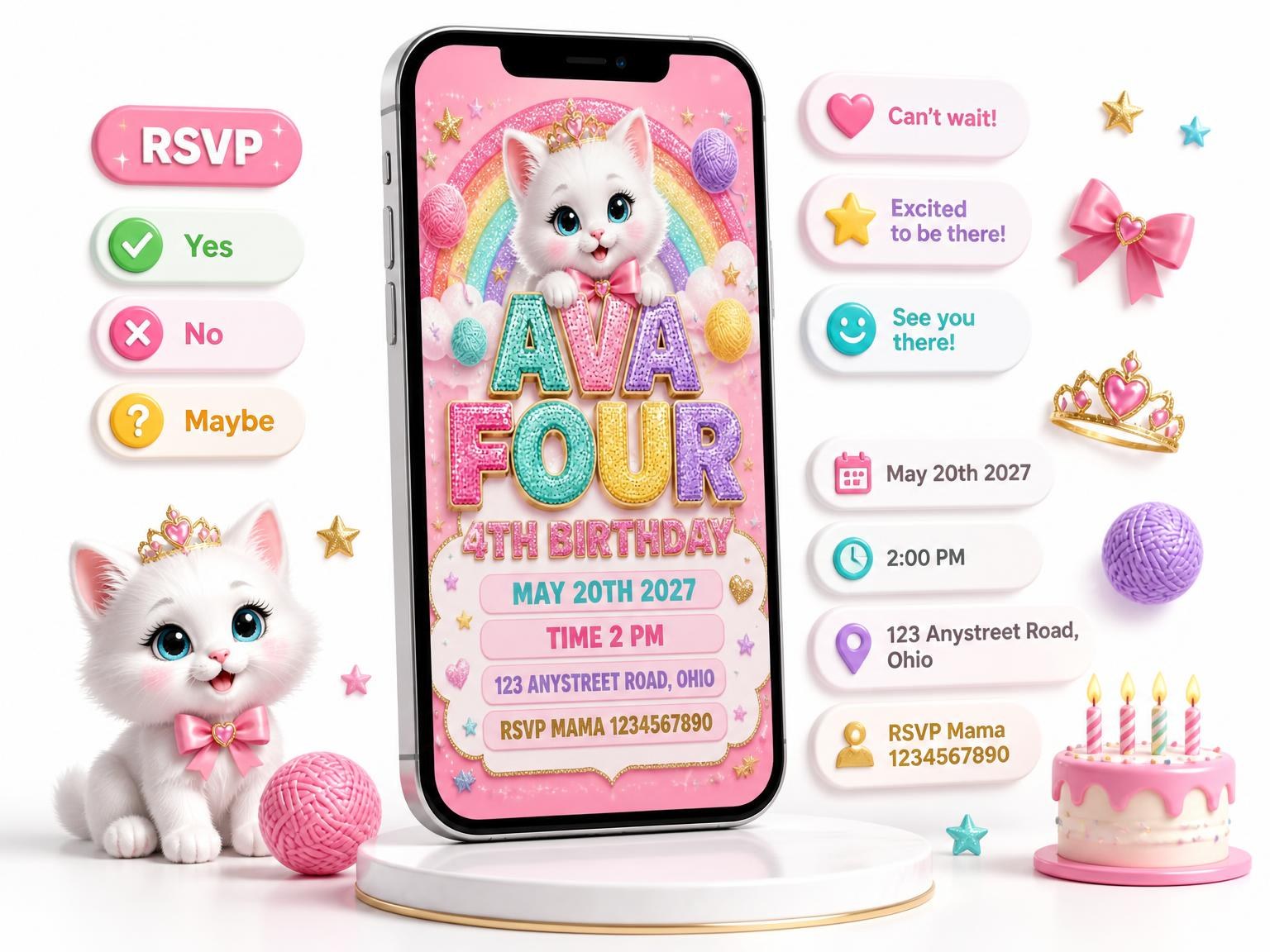 The Glitter Kitty Cat 4th Birthday Invitation invitation on a phone, with guest RSVPs arriving around it