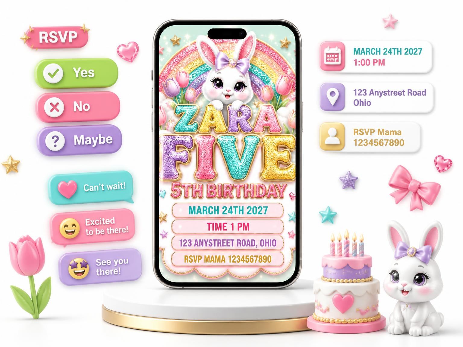 The Glitter Sparkle Bunny 5th Birthday Invitation invitation on a phone, with guest RSVPs arriving around it