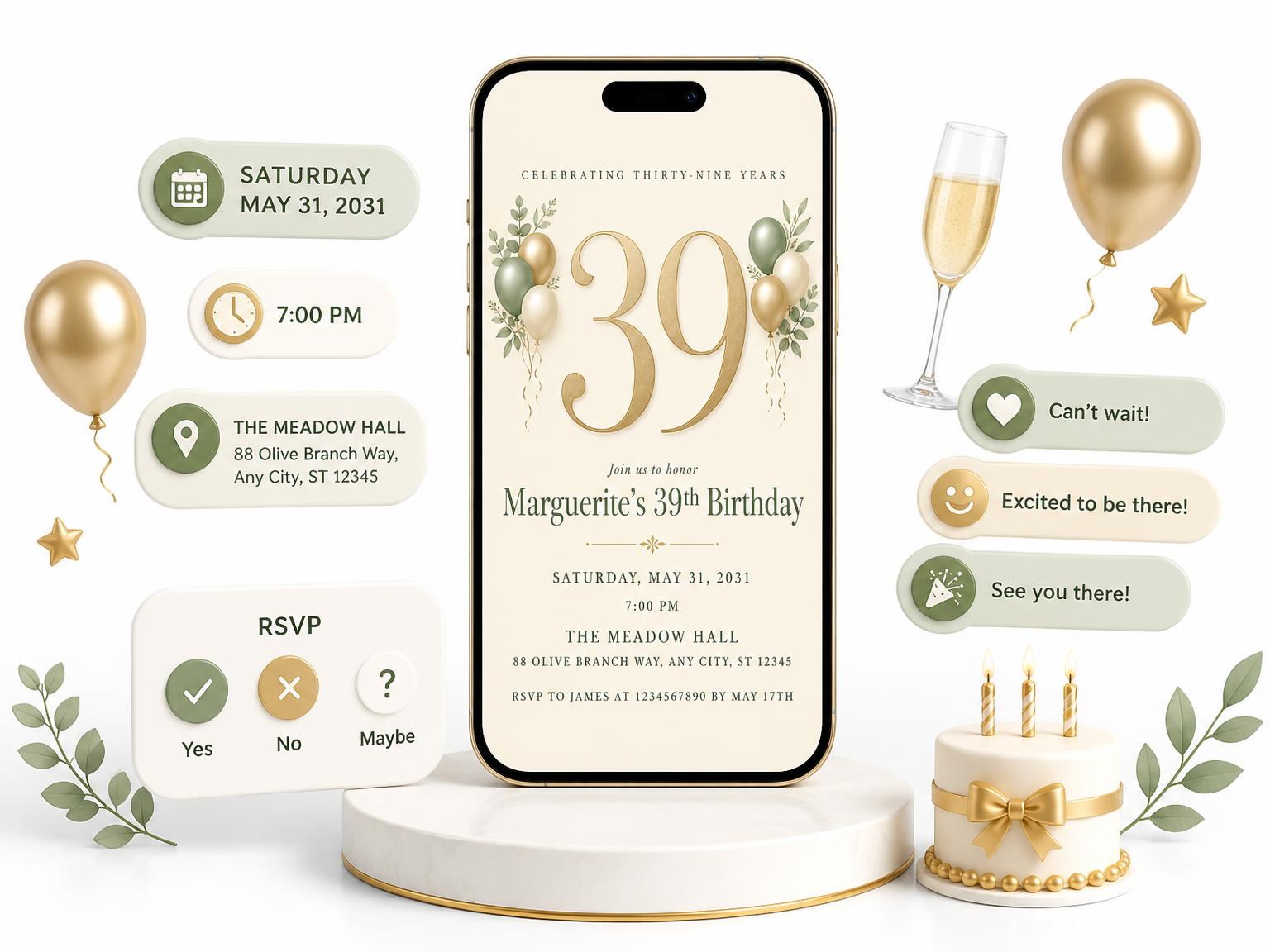 The Sage and Ivory 39th Birthday Invitation invitation on a phone, with guest RSVPs arriving around it