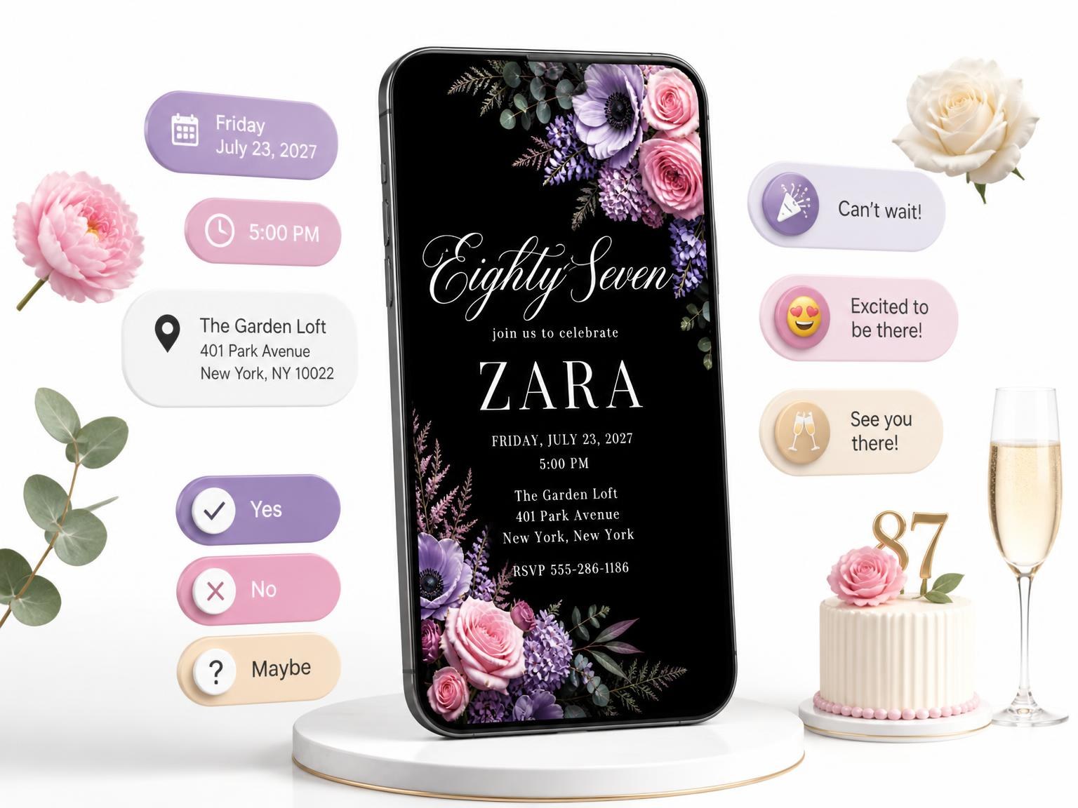 The Black Floral 87th Birthday Invitation invitation on a phone, with guest RSVPs arriving around it