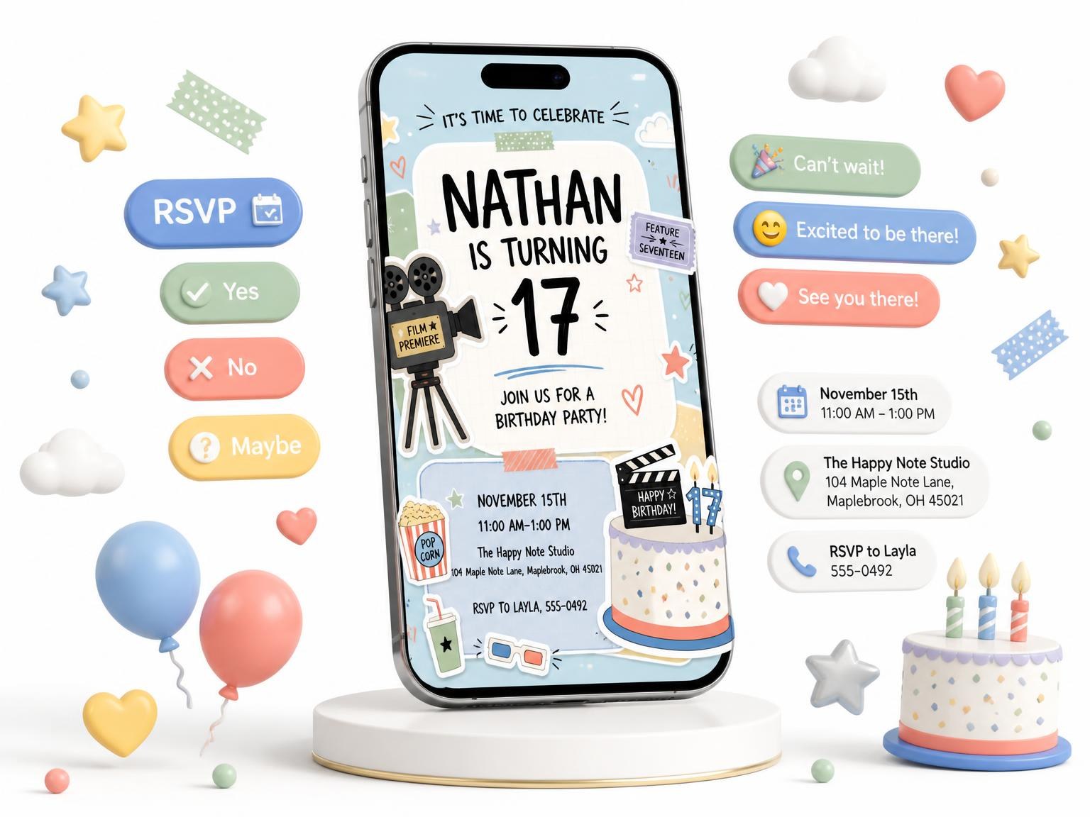 The Movie Camera Pastel 17th Birthday Invitation invitation on a phone, with guest RSVPs arriving around it