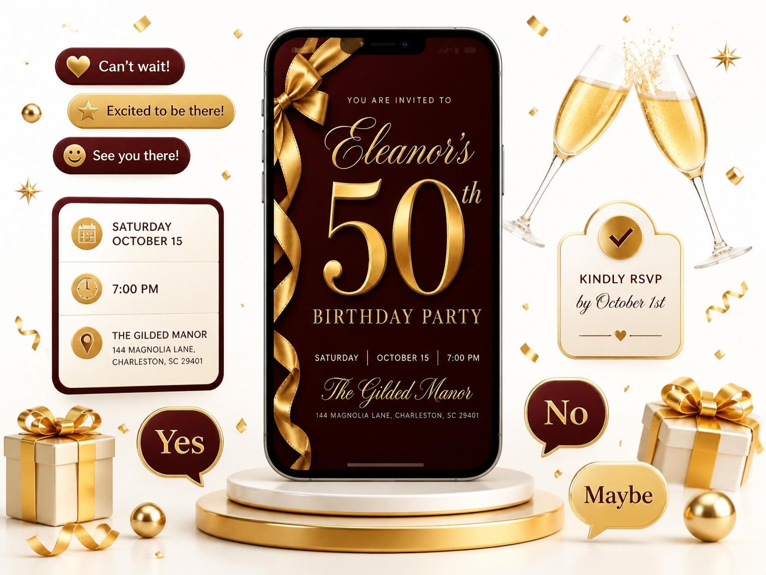 The Burgundy Gold Ribbon 50th Birthday invitation on a phone, with guest RSVPs arriving around it