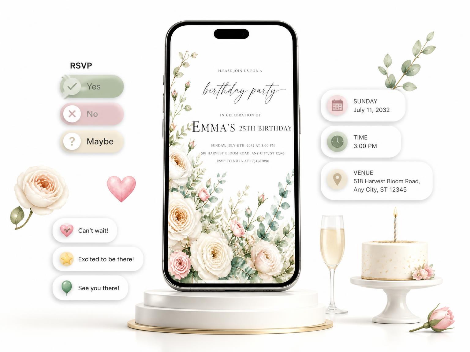 The Garden Ivory 25th Birthday Invitation invitation on a phone, with guest RSVPs arriving around it