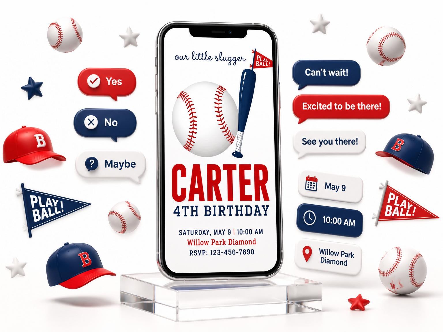 The Red and Navy Baseball Birthday invitation on a phone, with guest RSVPs arriving around it