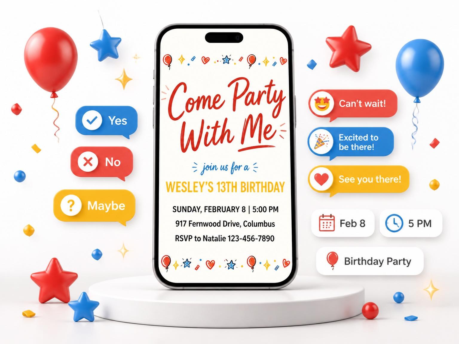 The Red Yellow Blue Doodle 13th Birthday invitation on a phone, with guest RSVPs arriving around it