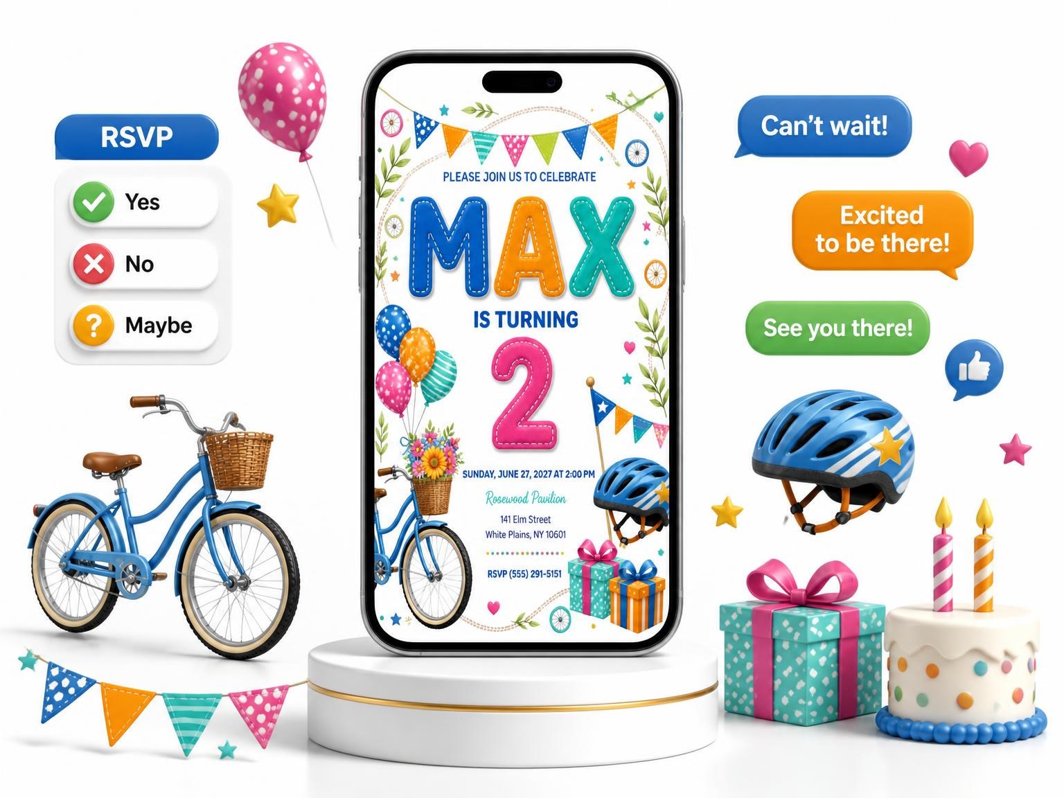 The Stitched Bike Ride 2nd Birthday Invitation invitation on a phone, with guest RSVPs arriving around it