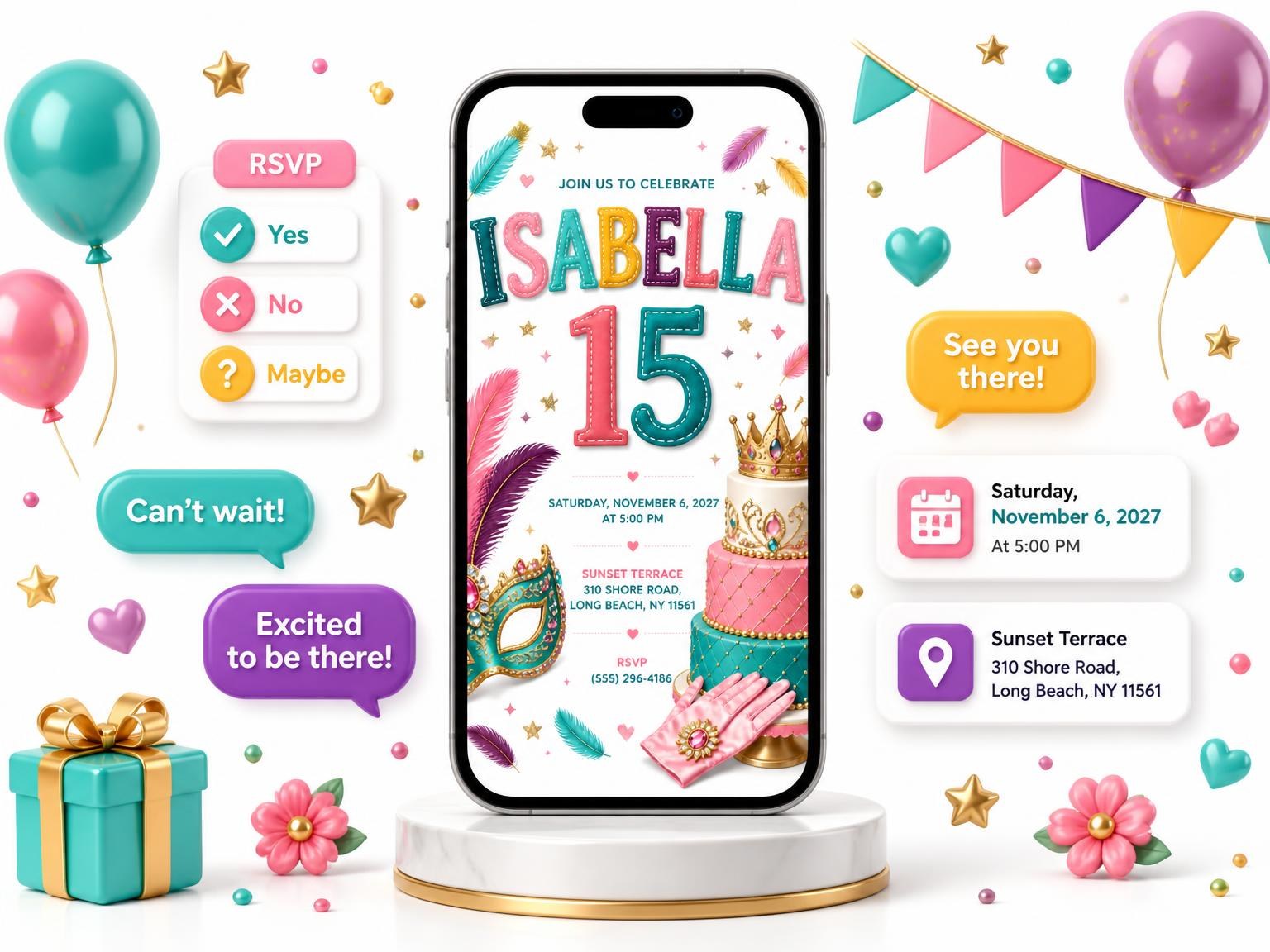 The Masquerade Mask Quinceañera Invitation invitation on a phone, with guest RSVPs arriving around it