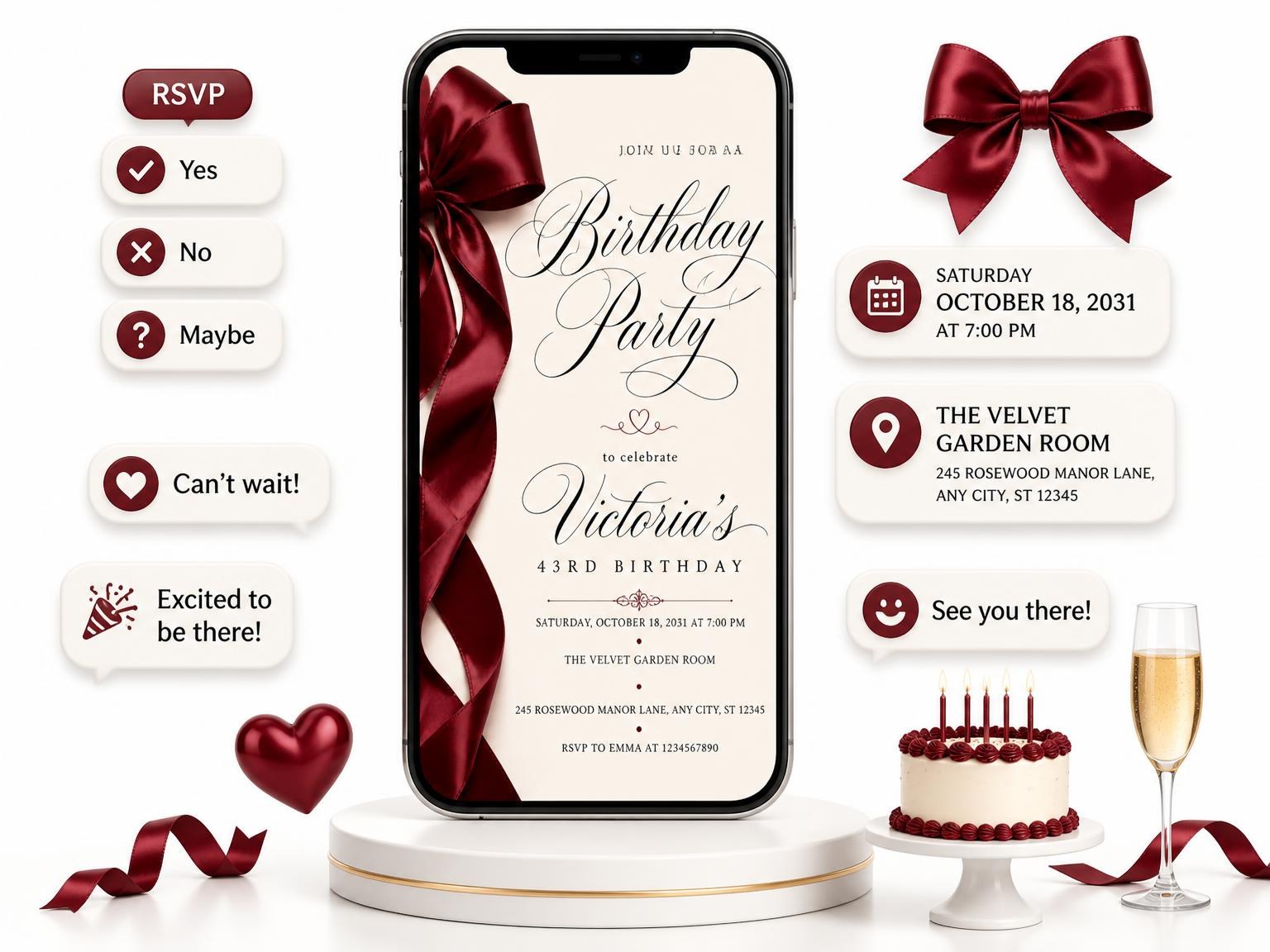 The Burgundy Satin Bow 43rd Birthday Invitation invitation on a phone, with guest RSVPs arriving around it