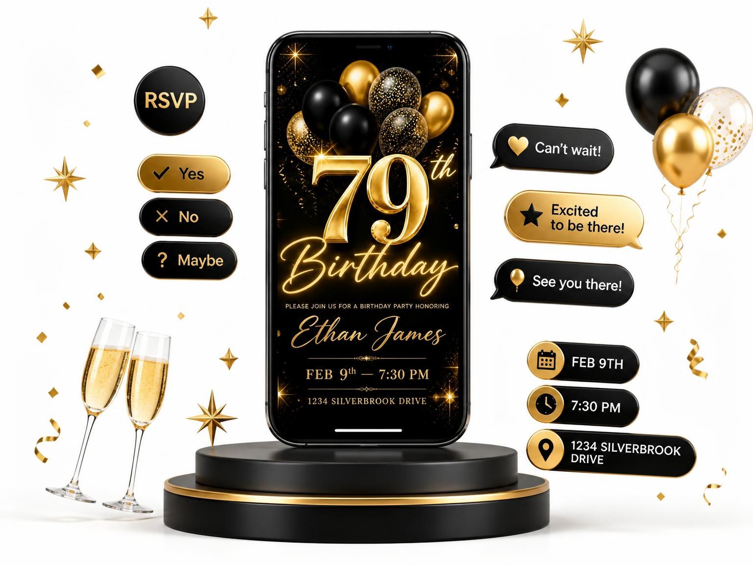 The Black and Gold Balloon 79th Birthday invitation on a phone, with guest RSVPs arriving around it